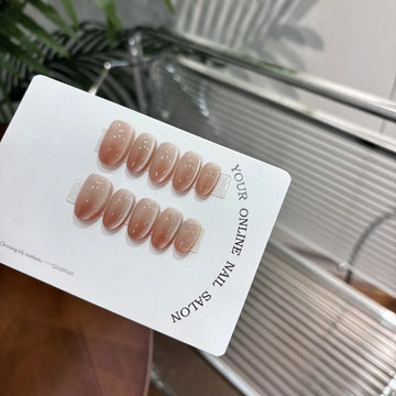 Qfdian 10Pcs Short Oval Pure Handmade Gradient Brown Press On Nails Cat Eyes Wearable False Nails Full Cover Nail Tips Art for Lady